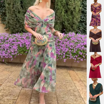 Printed Chiffon V-Neck Long Dress