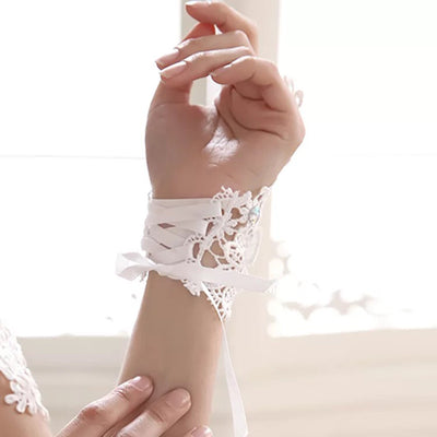 White Velvet Floral Wedding Gloves