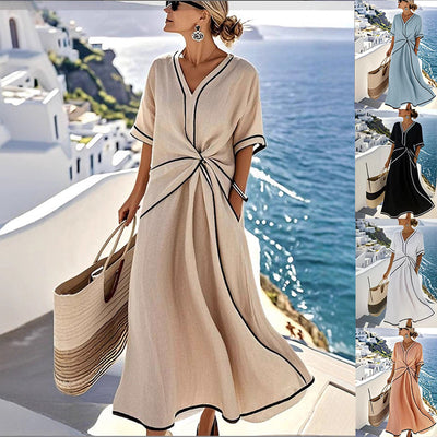 Striped Print Short-Sleeve Maxi Dress