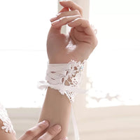 White Velvet Floral Wedding Gloves