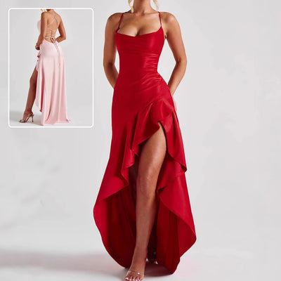 Backless Ruffle Split Suspender Maxi Dress