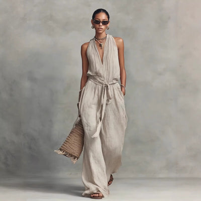 Lace-Up Sleeveless Cotton-Blend Jumpsuit